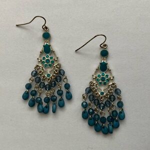 Teal Silver Beaded Fringe Dangle Earrings